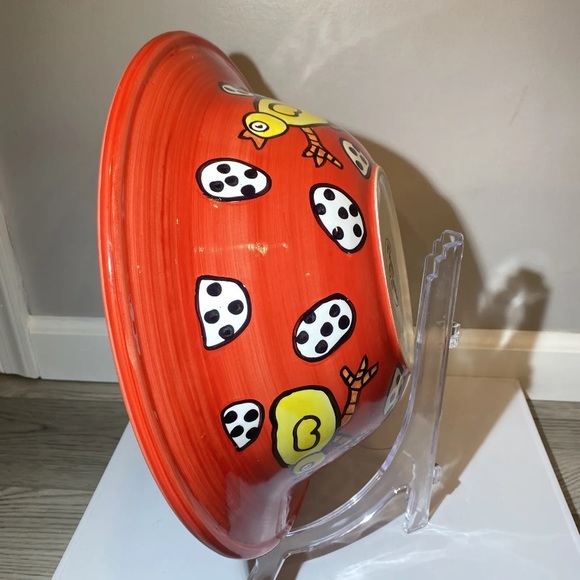 Nicole Engblom Hand Painted Large Serving Bowl Rooster Chick Egg Red Art Ceramic - Picture 5 of 14